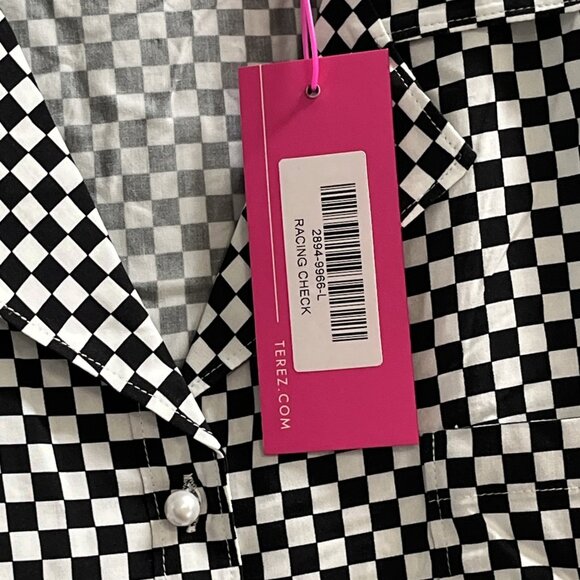 Terez Top Womens L White Black Check Button Front Cropped Shirt Racing Sporty - Picture 5 of 7